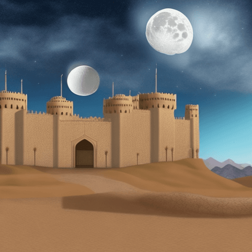 AI generated: A Muslim dynasty castle in the desert with the moon appearing in the sky 