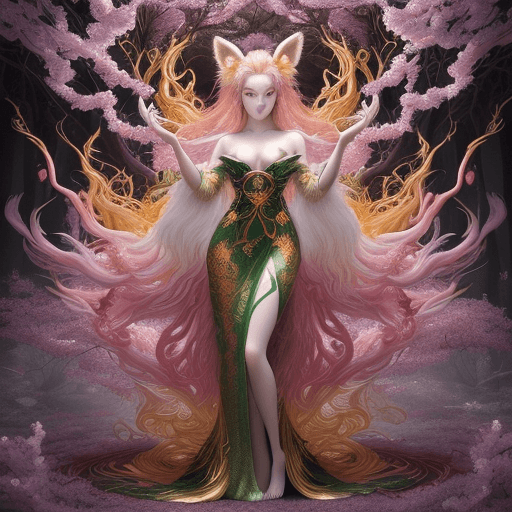 AI generated: In this hyper-maximalist masterpiece, a breathtaking image of the ultimate nine-tailed fox girl unfo...