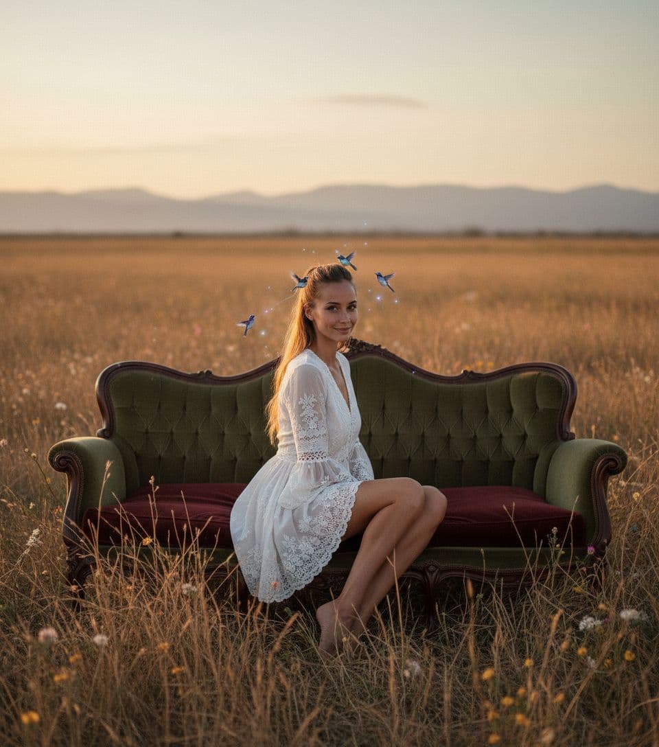 AI generated: a woman sitting on top of a couch in a field, skinny girl in white boho lanced short dress, l, allur...