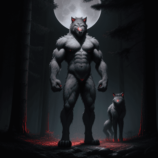 AI generated: grey strong furry werewolf with glowing red demonic eyes standing on two legs in magical dark forest...