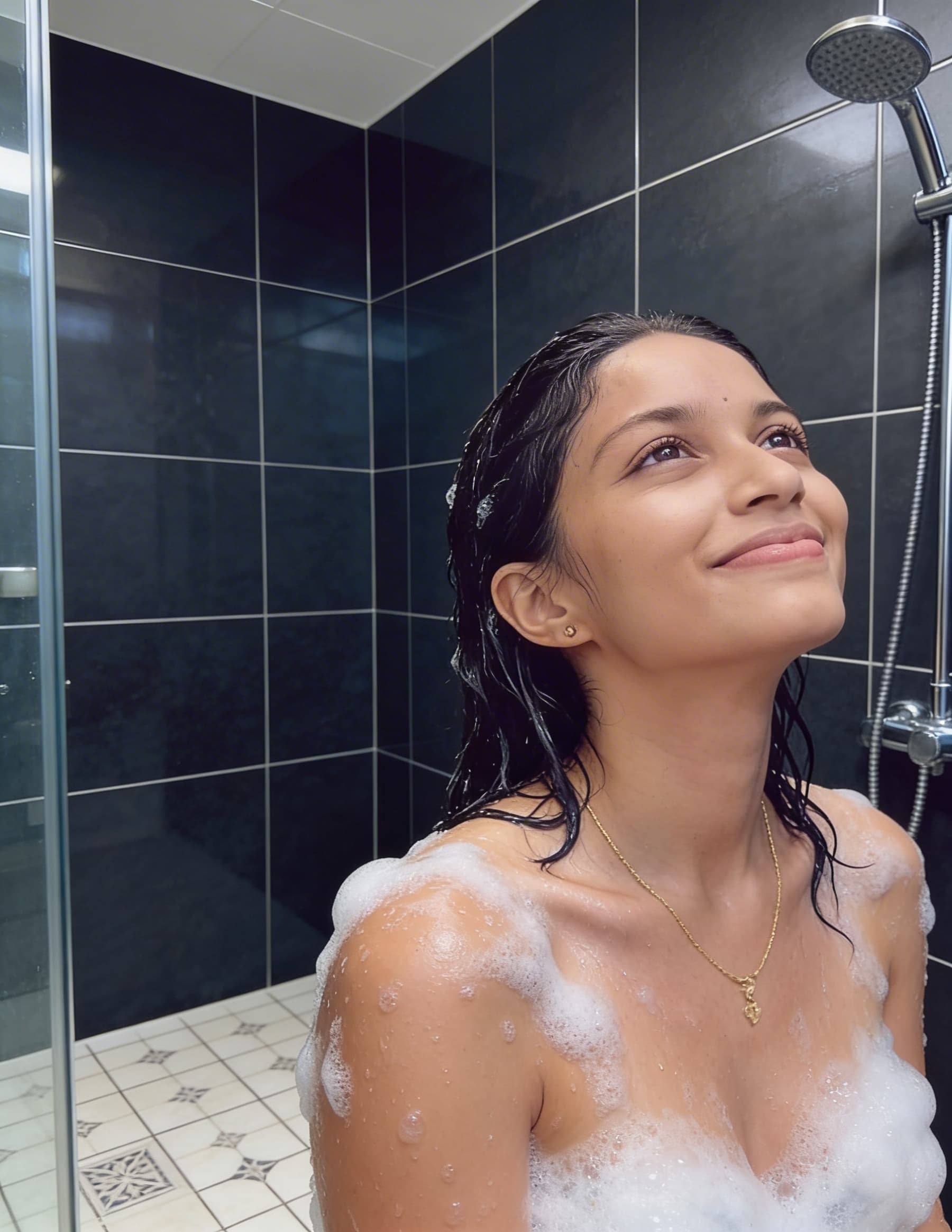 AI generated: The image shows an adult woman in a tiled shower area. She is wet and covered with soap suds across ...