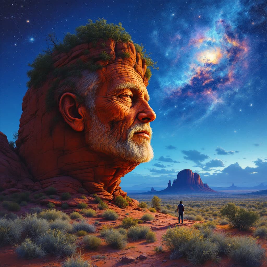 AI generated: uluru, ayers rock transforming into an old man rising to his feet, rock and bushes falling off him, ...