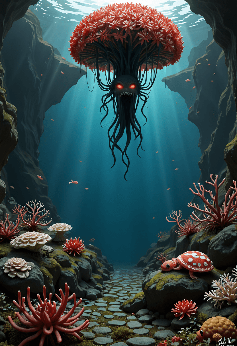 AI generated: Fairy tale A deep, alien ocean with bioluminescent plankton creating shifting waves that light up as...