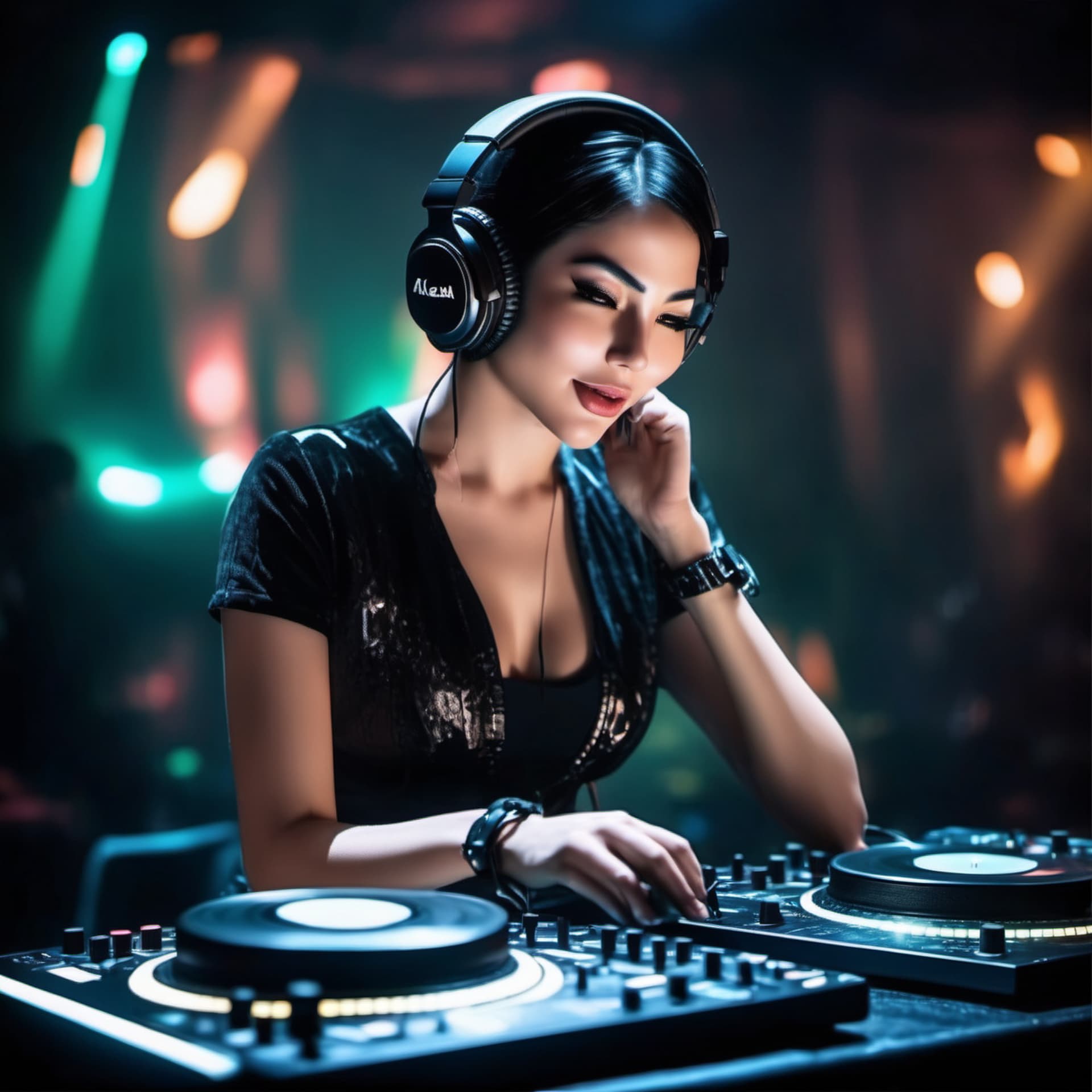 AI generated: RAW photo of female DJ, 24 years old, (futuristic DJ set:1. 2), bright black hair, wear sexy in blac...