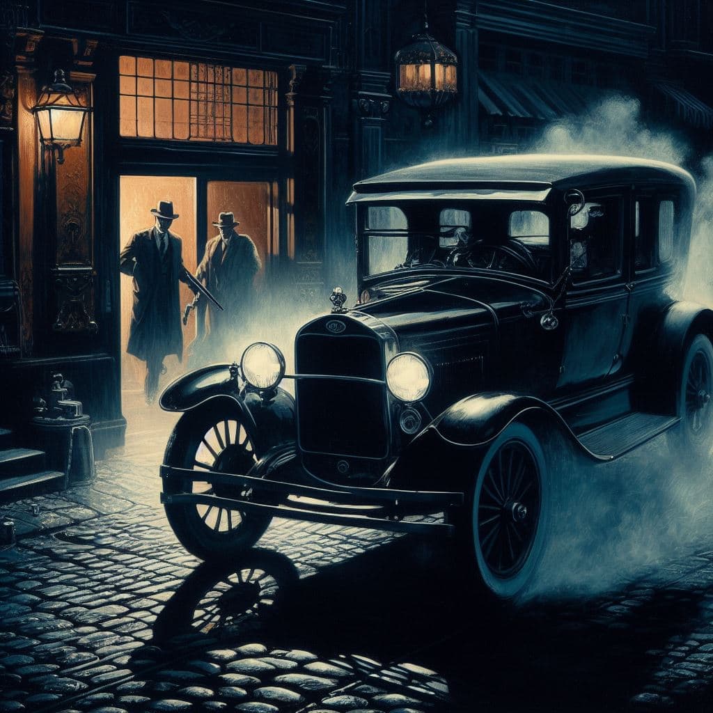 AI generated: A scene of a 1920's T-Ford used as a getaway car in a prohibition-era heist, dark and mysterious moo...