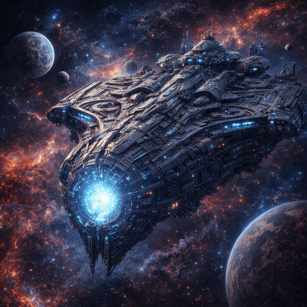 AI generated: Use Reference Images to imagine, in detail, an alien spaceship. Cambind and alter specs to create a ...