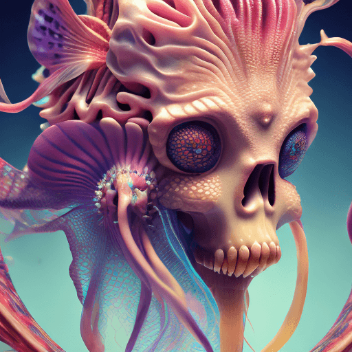 AI generated: Goddess close-up portrait ribcagel. jellyfish phoenix head, nautilus, orchid, skull, betta fish, bio...