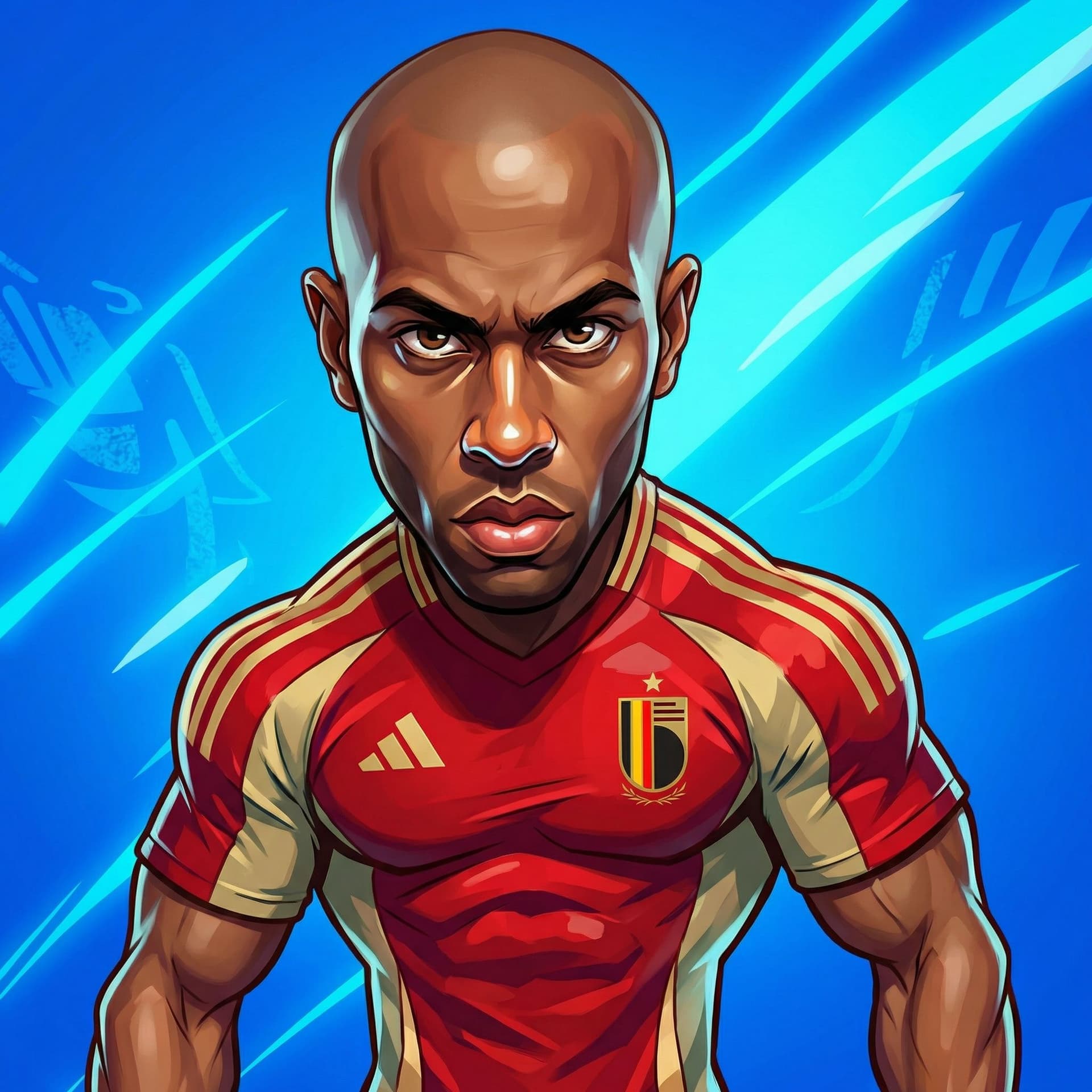 AI generated: A caricature portrait of a bald, dark-skinned man, likely in his 20s or 30s.  He is a soccer player,...