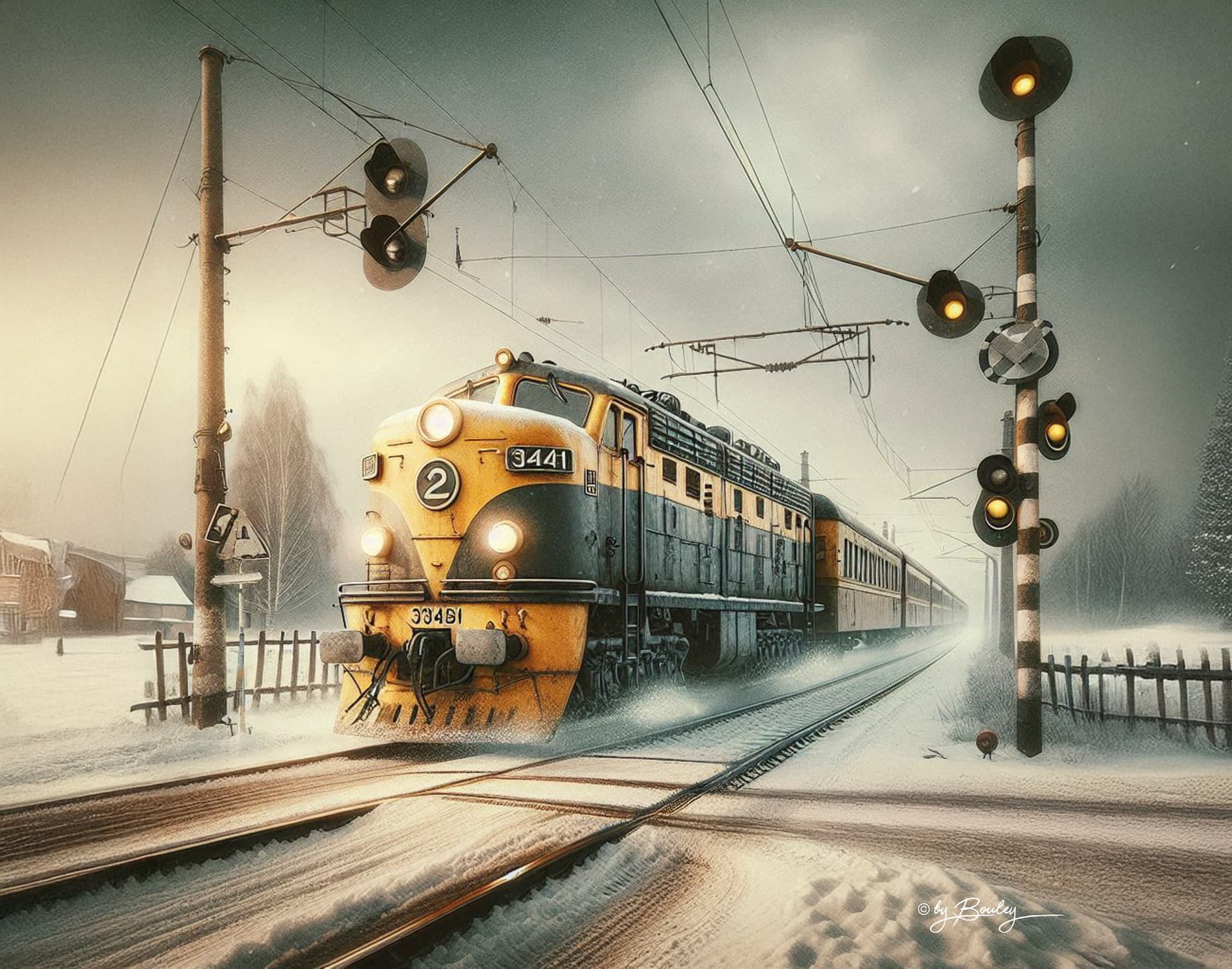 AI generated: vintage fine art of a yellow diesel locomotive, number "34481", pulling a passenger train through a ...