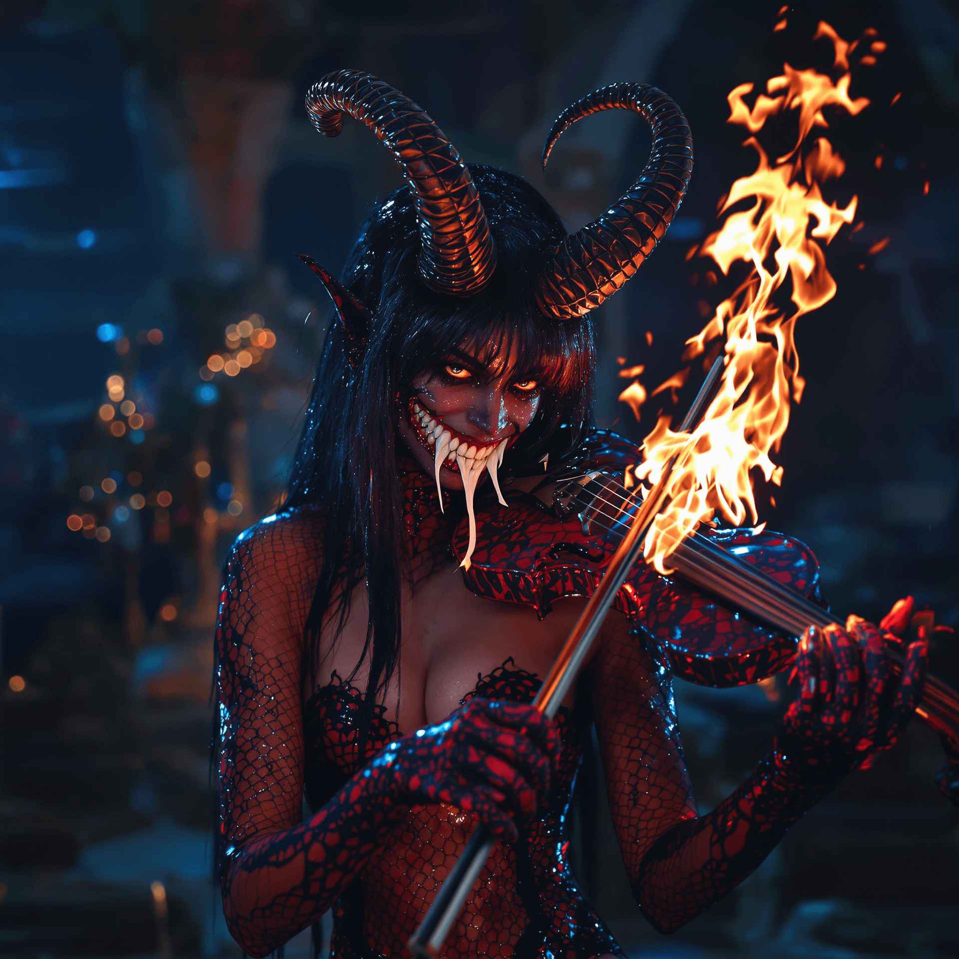 AI generated: A centered shot focusing on the demonic musician's smiling face (showing her perfekt normal teeth) o...