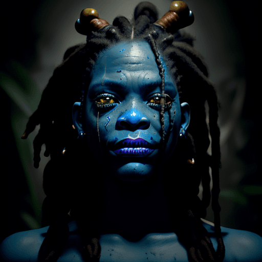 AI generated: bullfrog face, voodoo, long moldy dreadlocks, winking, blue veins, wide head, waste high, dark swamp...