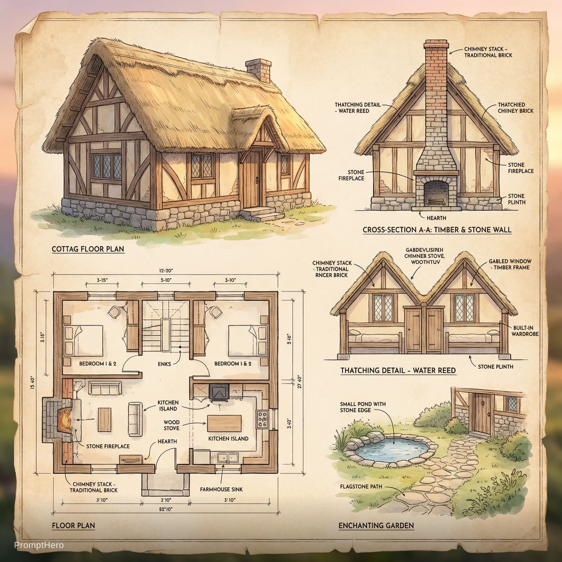 AI generated: A digital architectural blueprint of a cozy, rustic cottage house, with comprehensive labeled sectio...