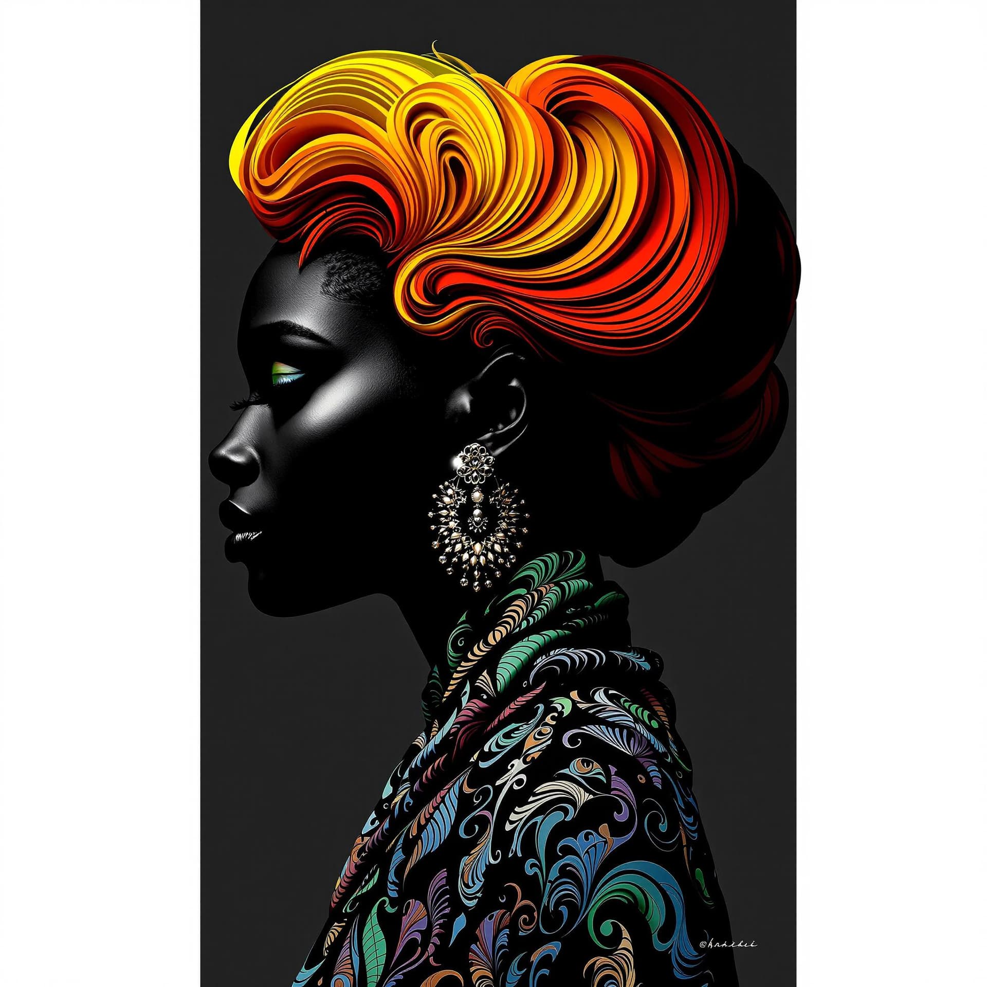 AI generated: Full body of an Indian woman, standing, turn around towards the camera, with a flowing, sculptural h...