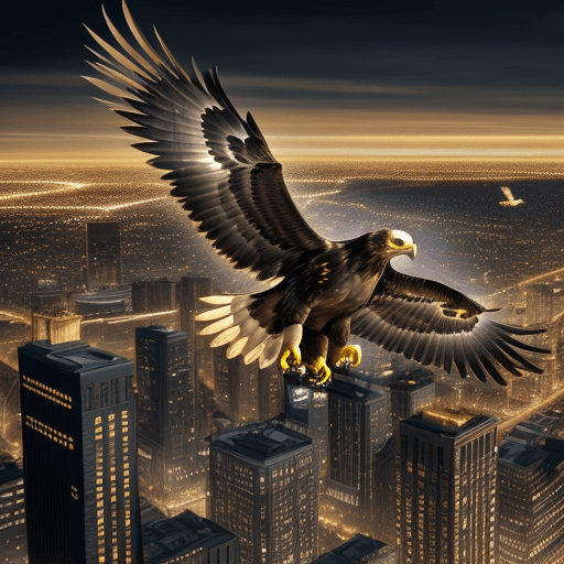 AI generated: Flying golden eagle above the night city ultra realistic image