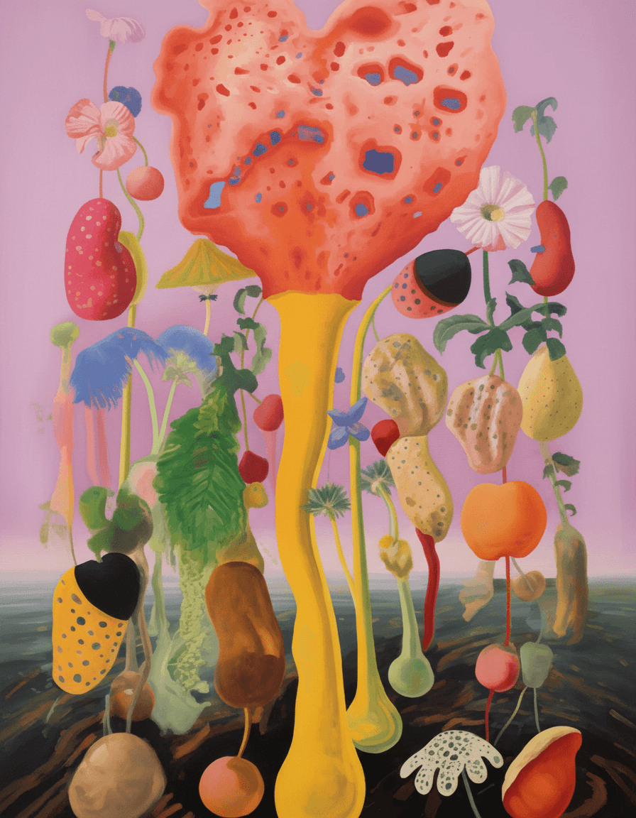 AI generated: Create a painting in the same style as the one provided using fruits floating in the canvas