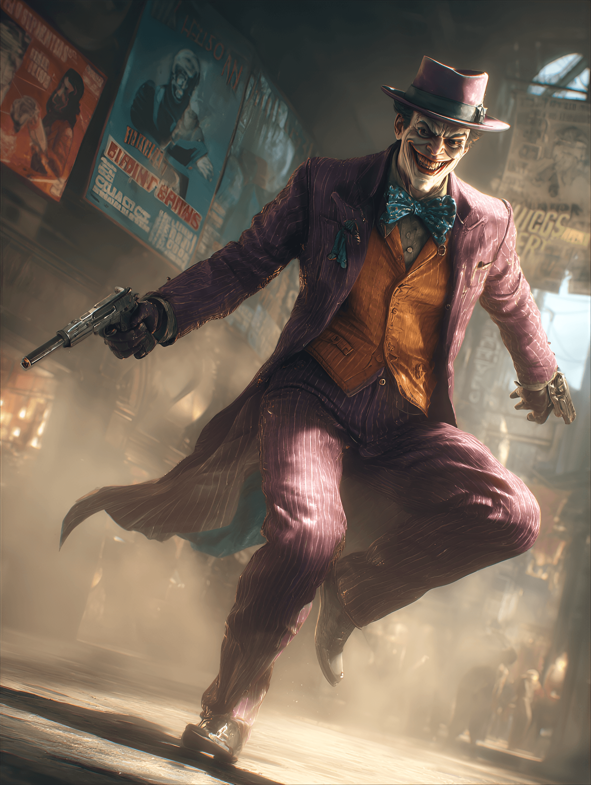 AI generated: The Joker, Caucasian male, mid-30s, wearing a classic purple pinstriped suit, orange waistcoat, and ...