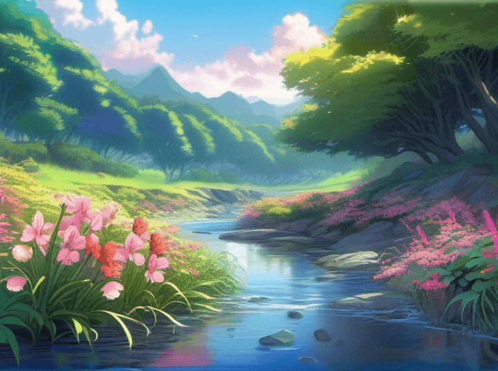 AI generated: anime artwork colorful flowers growing next to a gentle creek, high resolution . anime style, key vi...