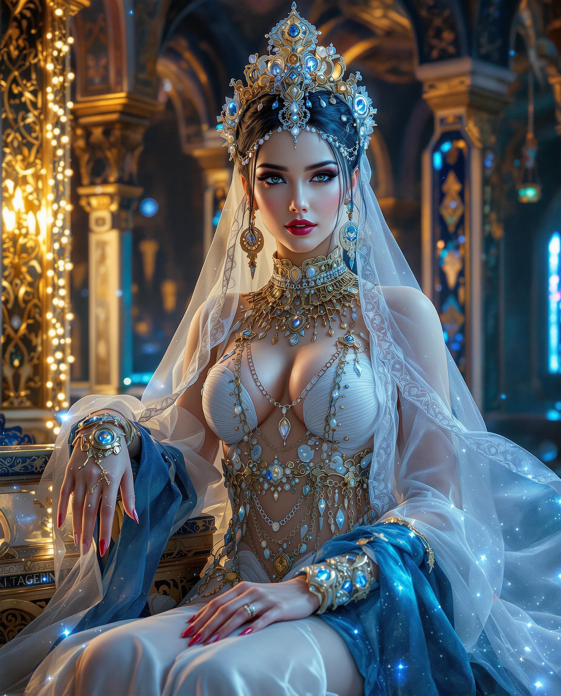 AI generated:  A 19th-century oil painting style ,full  portrait depicting an oriental extremely beautiful  queen ...