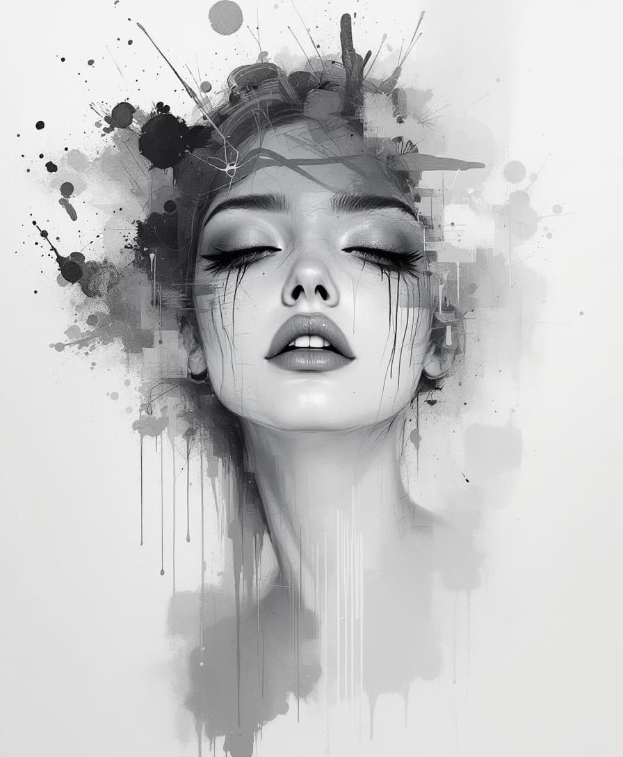 AI generated: An abstract female portrait with paint splashes, in the style of Ralph Steadman, with a digital art ...
