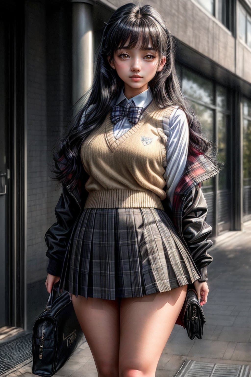 AI generated: (masterpiece, best quality), a cute 18 yo girl wearing a school uniform with vest sweater, coat and ...