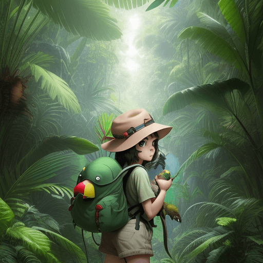 AI generated: A  jungle explorer in a 3D Pixar style, cute girl, with an explorer hat and a backpack, accompanied ...