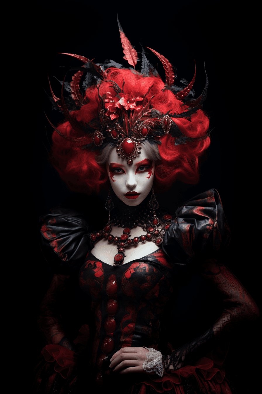 AI generated: a beautiful and evil looking woman in a costume, in the style of devilcore, clownpunk, tanbi kei, da...