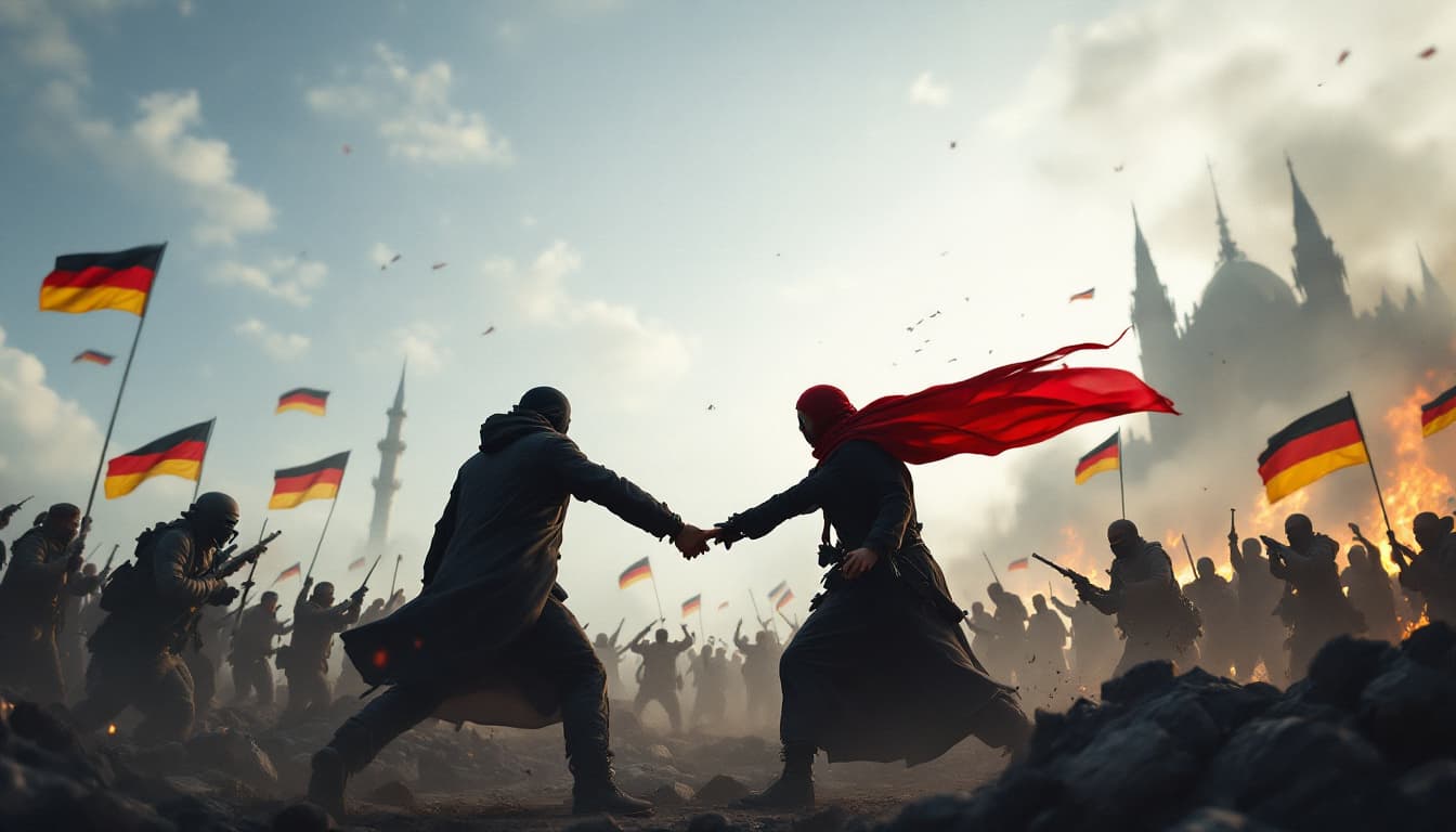 AI generated: Modern scene of Christians and Muslims fighting together and hand in hand against evil terrorists, G...