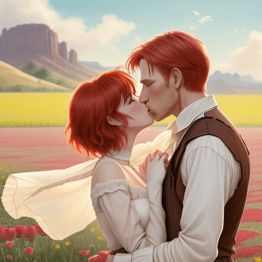 AI generated: Romance illustration, a couple sharing a passionate kiss, woman with short red hair, tall blonde man...
