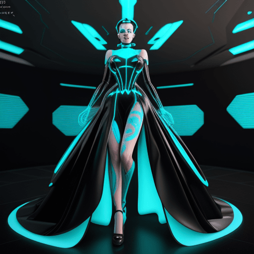 AI generated: a light up dress by hiveart electronic fashion art photoshoot, in cinema4d rendering style, black an...