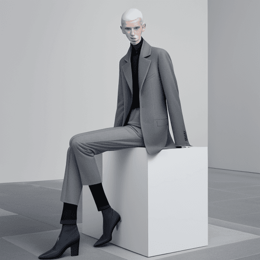 AI generated: a man sitting on top of a white cube, official jil sander editorial, blue and grey tones, trending o...