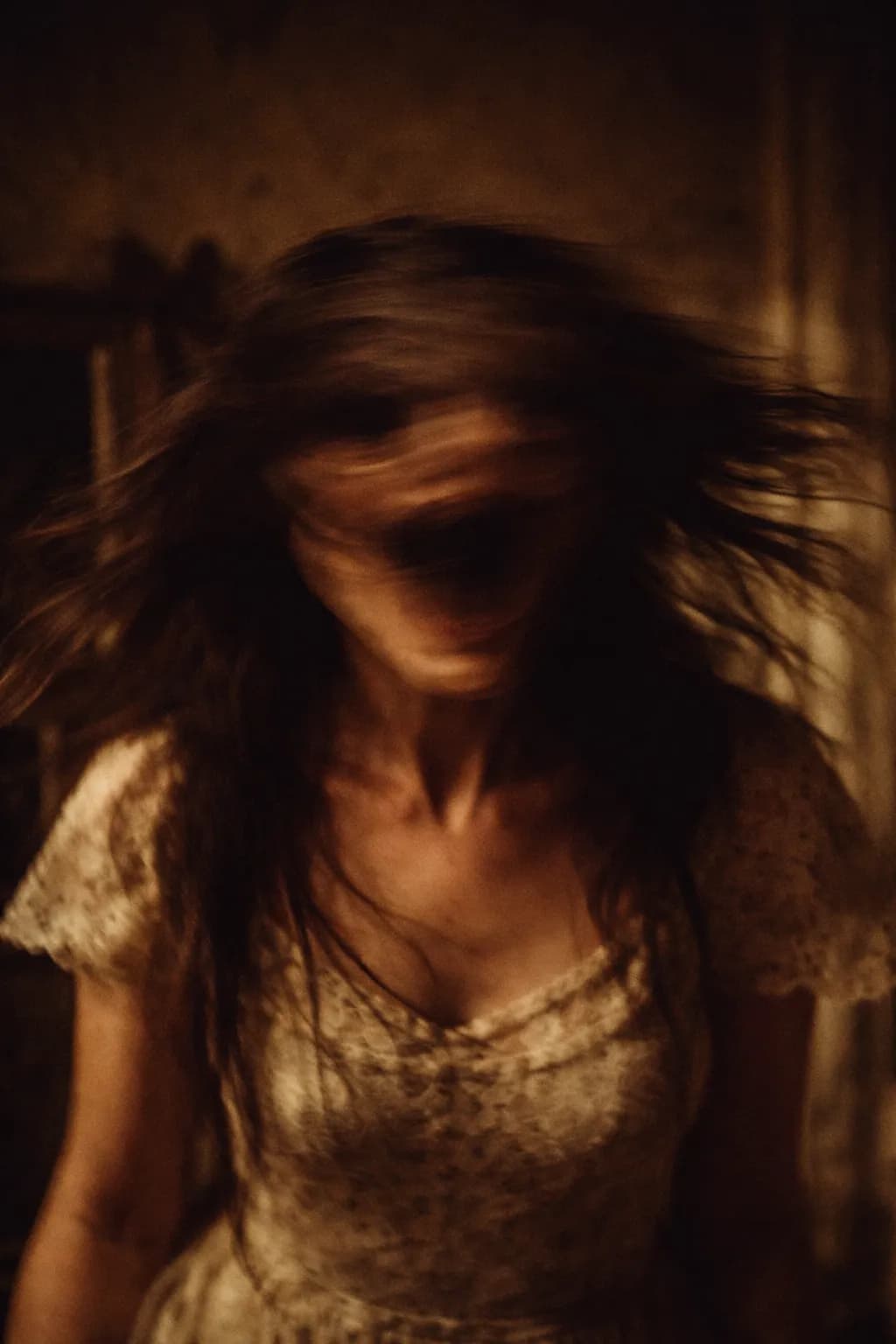 AI generated: A young adult woman, appearing to be of Caucasian ethnicity, is captured in a moment of intense move...