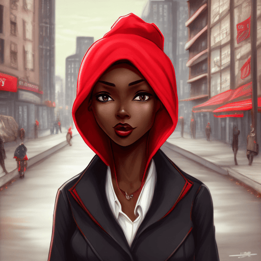 AI generated: Dark skinned woman, standing in a city, red bonnet jacket, black short hair, detailed eyes, artwork ...