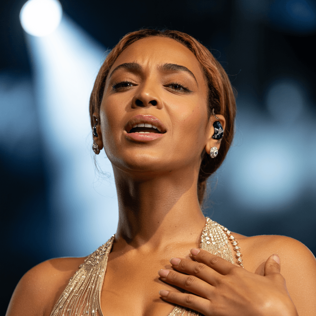 AI generated: Close-up of Beyoncé on stage, deeply focused and emotional, singing with eyes closed and hand on che...