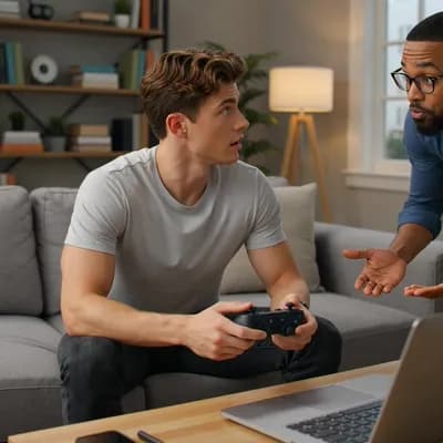 AI generated video: claude is seating on sofa with game controller and operating developer who is giving prompt and doin...
