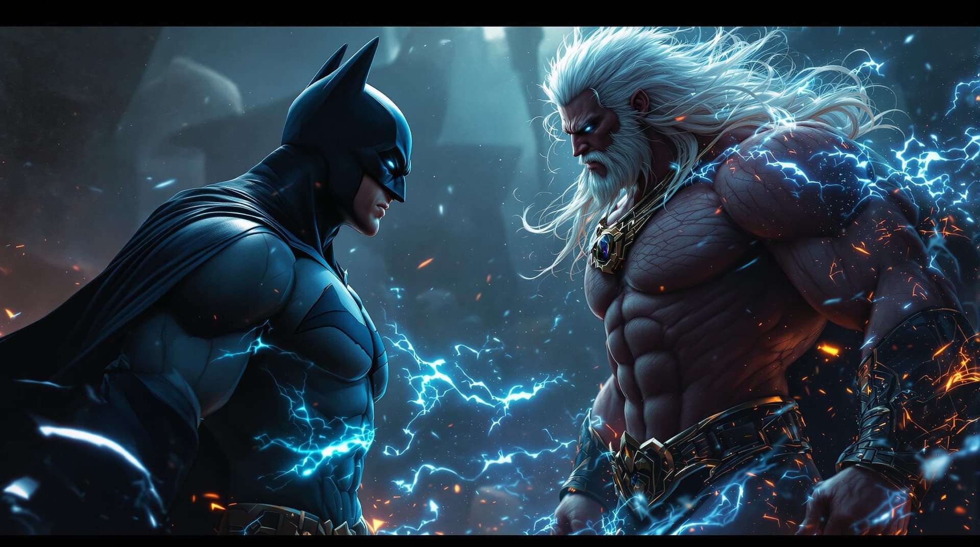 AI generated: "A fusion of Batman and Zeus, ultra-realistic, cinematic lighting, muscular physique, dramatic backg...