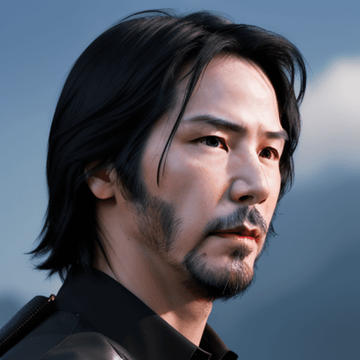 AI generated: Keanu Reeves portrait photo  of a asia old warrior chief,  tribal panther make up, blue on red, side...