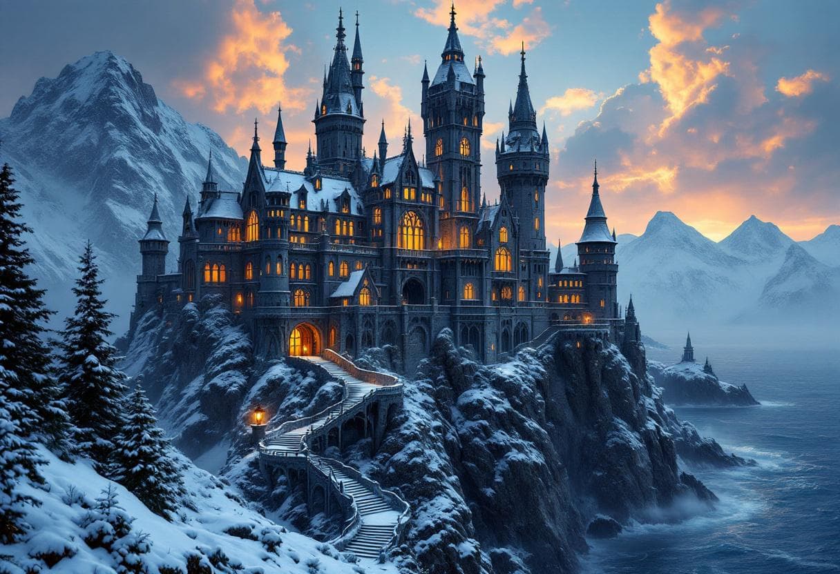 AI generated: A majestic, intricate Gothic castle inspired by Game of Thrones, perched dramatically on a steep, ja...
