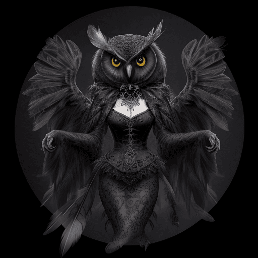 AI generated: A gothic-inspired owl with elaborate feathers and dark, mystical elements