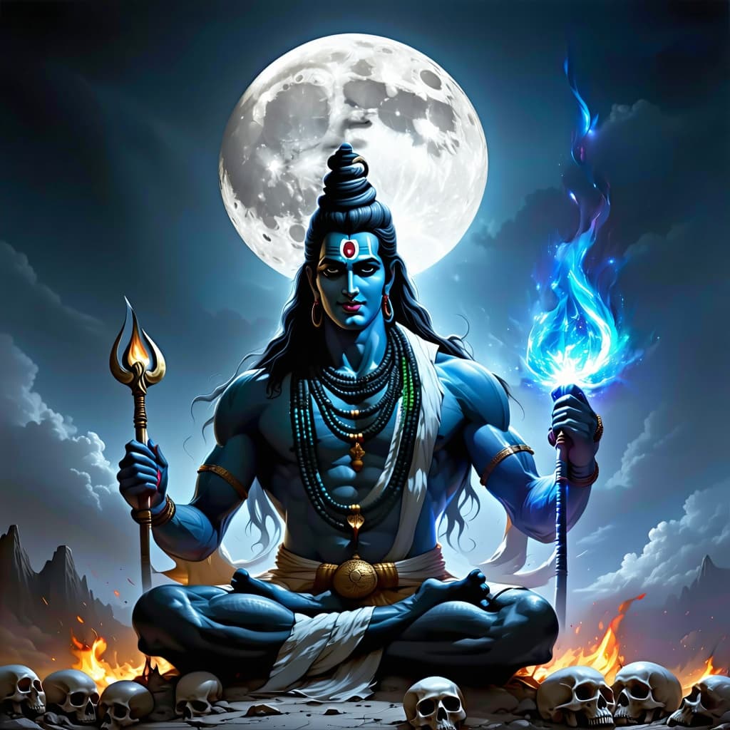 AI generated: Add Make realistic shiv ji with Moon, serpent, rudraksh, ganga mata, garland of skulls One Trishul S...