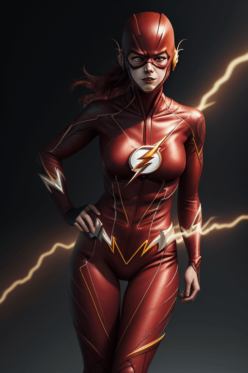 AI generated: female dressed as the flash, caucasian, tattoos, (full body visible), looking at viewer, portrait, p...