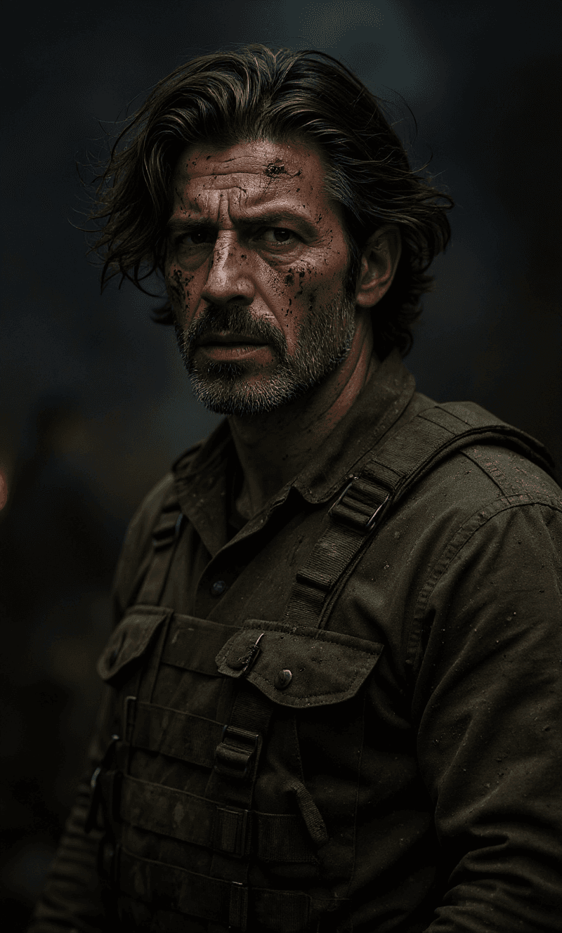 AI generated: The British SIS agent stands after the battle, fear and horror on his face, tired and beaten, sand o...
