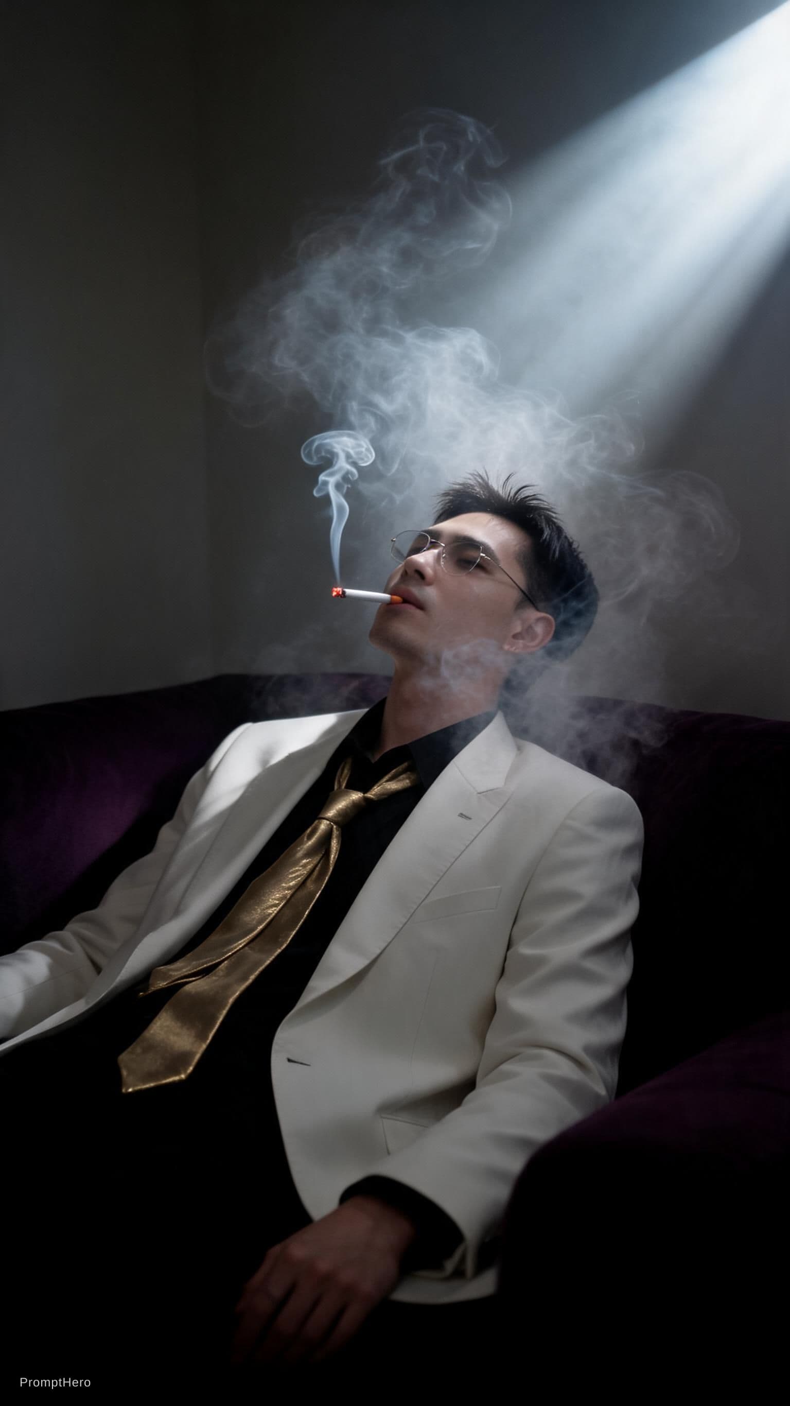 AI generated: A snapshot, a dimly lit room with a hazy atmosphere, captures a male model relaxing on a dark purple...