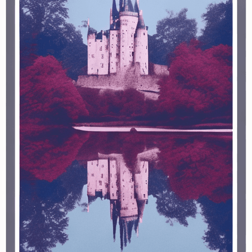 AI generated: Minimalist, flat design, poster, Josselin Castle scene, summer, blue river, pink bourgainvillier