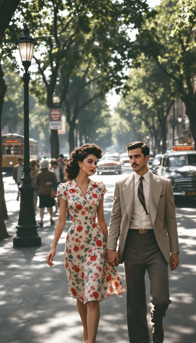 AI generated: A young couple from the 1950s walking along the wide, asphalted streets of Vali Asr Street (formerly...
