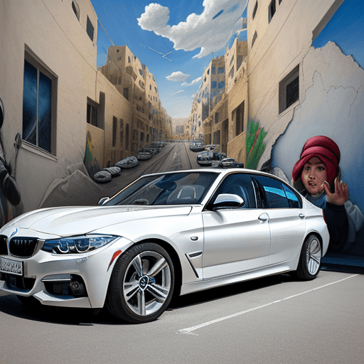 AI generated: A man in white FEDORA hat standing by a BMW car parked on the street in front of a wall painted with...
