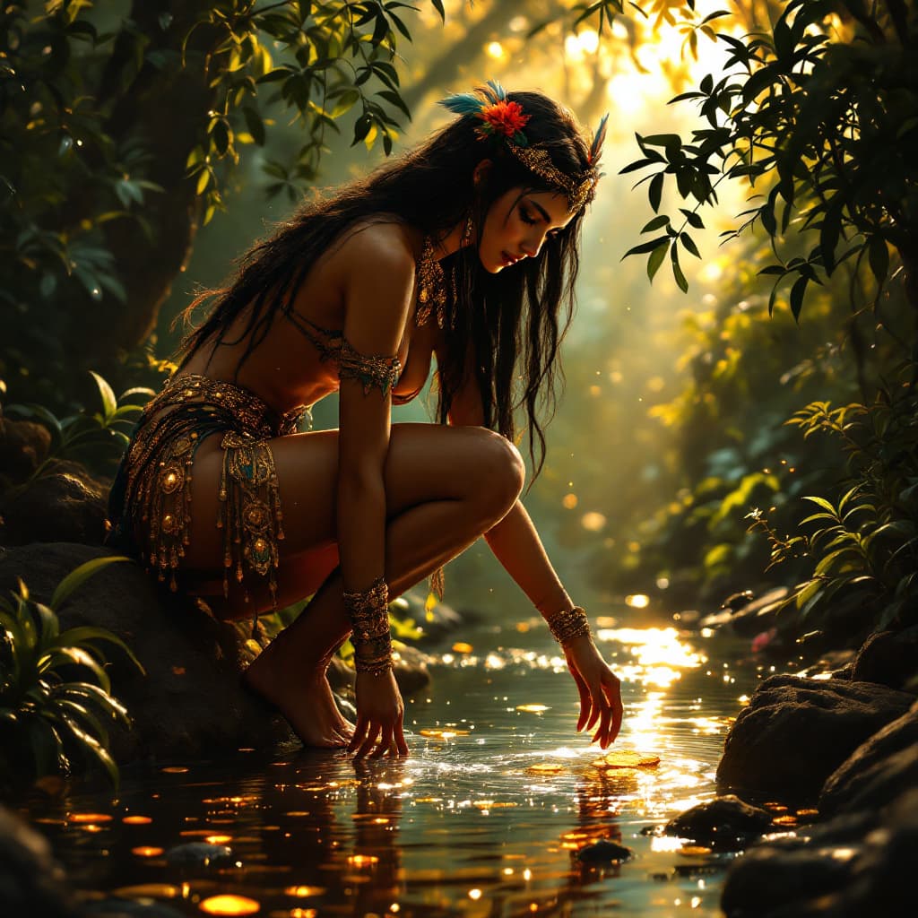 AI generated:  (Full-body shot of a beautifully adorned Mayan princess, clad in intricate gold jewelry and a small...