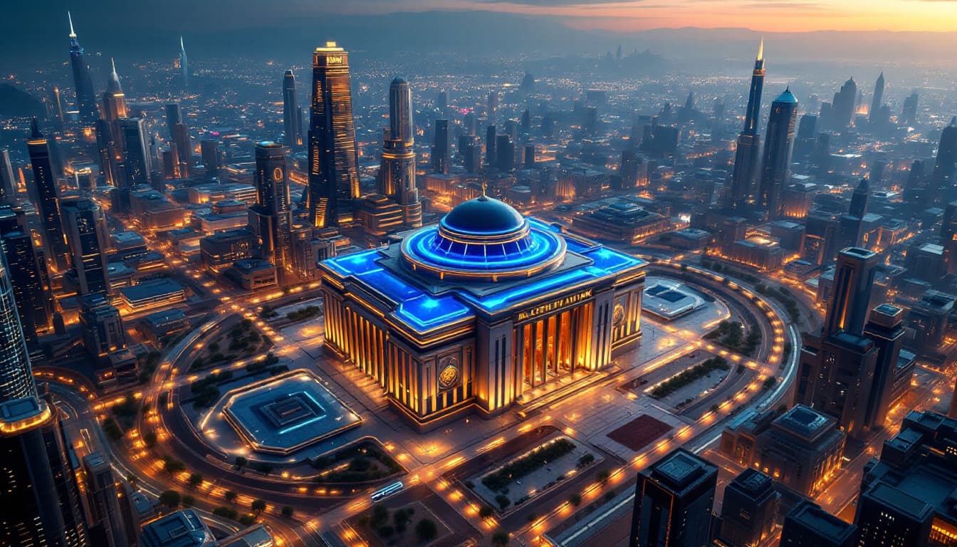 AI generated: The Central bank as seen from above : this imposing building in the busy center of a futuristic city...
