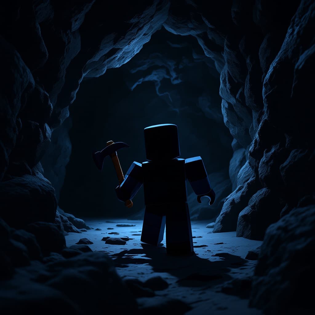 AI generated: Robloxian with default skin holding a pickaxe, entering a dark cave, dim torchlight casting shadows ...