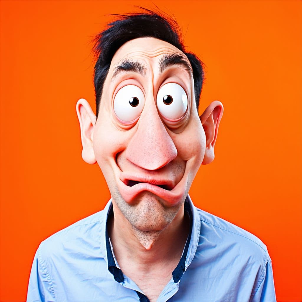 AI generated:  A caricature of a man with exaggerated features is set against a vibrant orange backdrop. The overa...