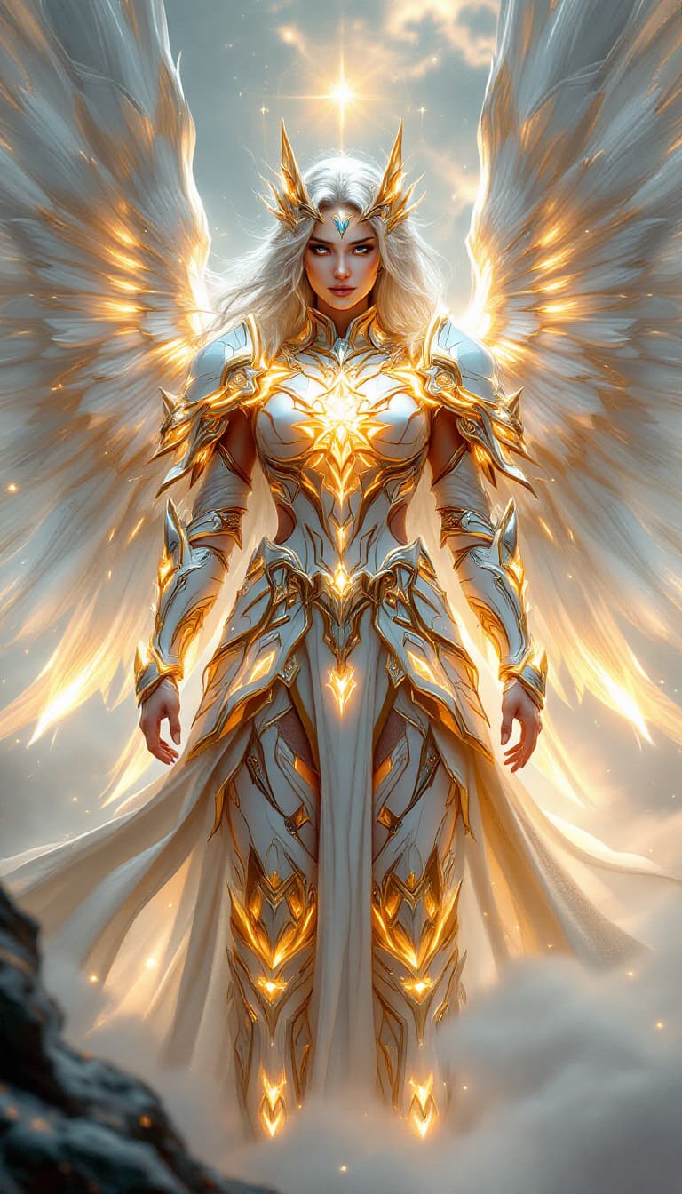 AI generated: An ultra-realistic, full-body portrait of a captivating celestial paladin woman, radiating divine po...